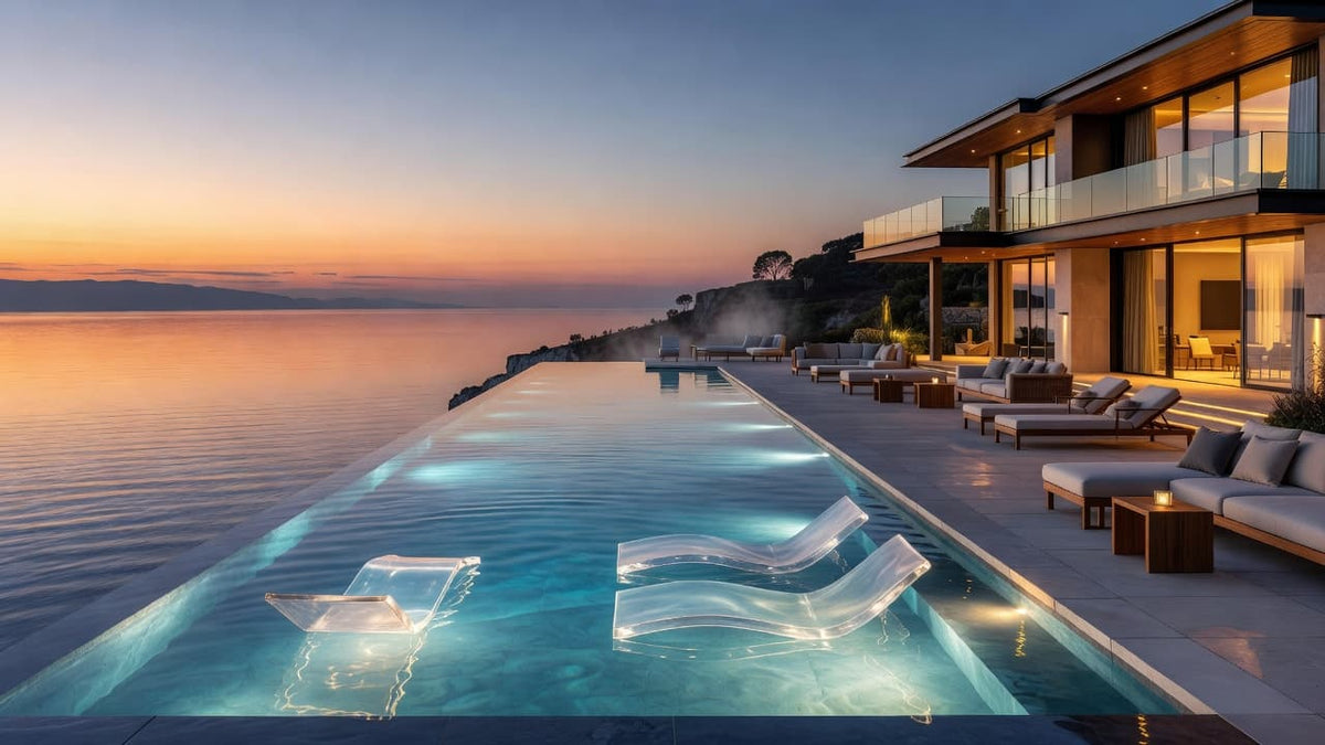 Luxury pool with in-pool loungers at sunset