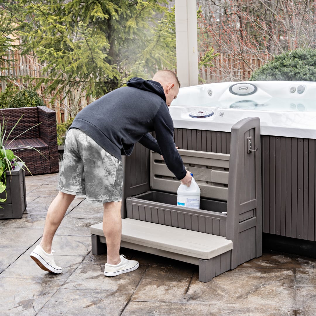 Hot tub storage steps with handrails