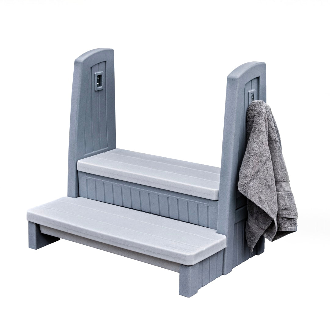 Hot tub storage steps with handrails