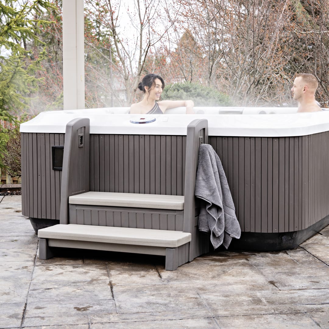 Hot tub storage steps with handrails