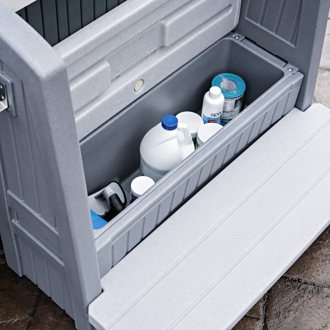 Hot tub storage steps with handrails