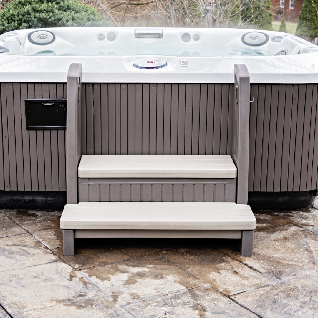 Hot tub storage steps with handrails