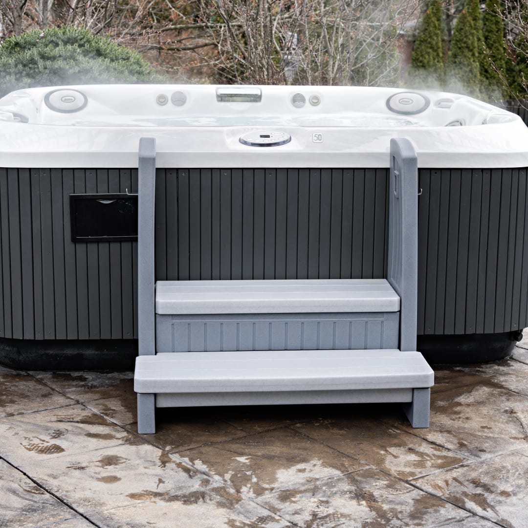 Hot tub storage steps with handrails